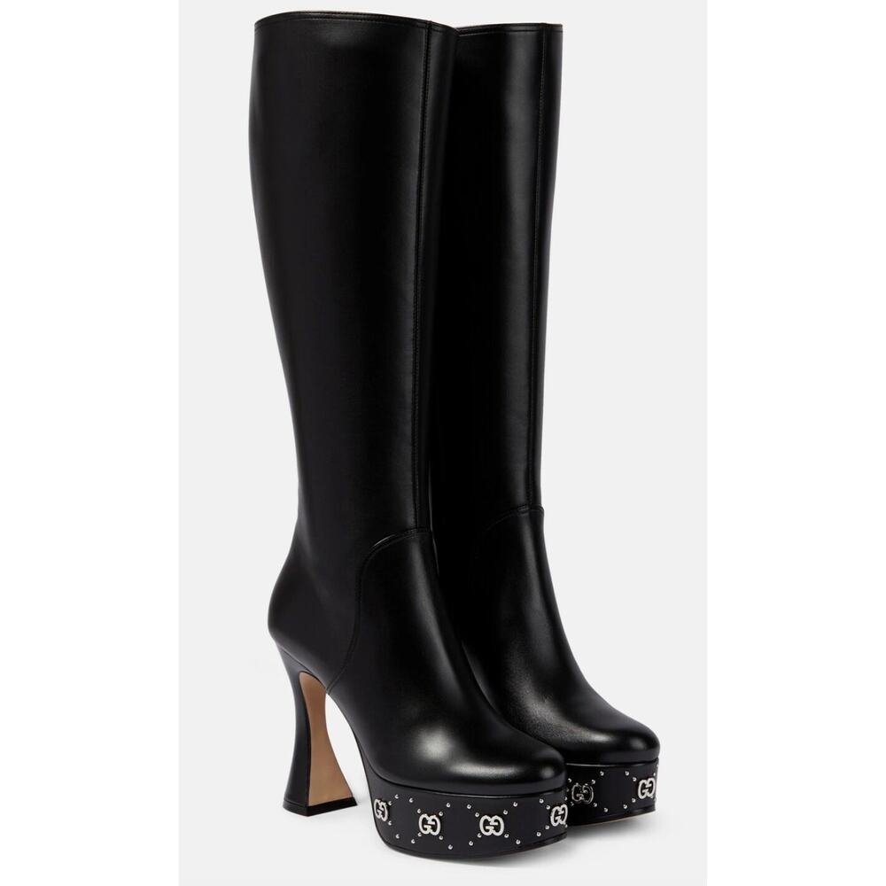 Gucci Black Janaya Platform GG Studded Tall Knee High Boot